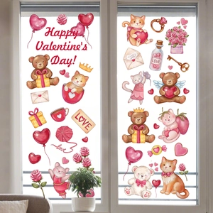Valentijnsdag raamstickers met beren en harten voor feestelijke glazen huisdecoraties