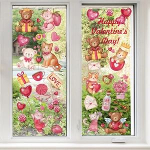 Valentijnsdag raamstickers met cartoon dieren en bloemen voor huisdecoratie