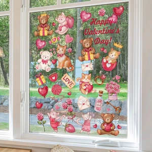 Detail van Valentijnsdag raamstickers met schattige beren, rode harten en bloemenmotief