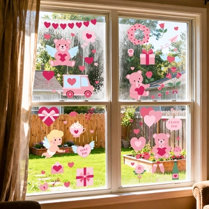 Valentine's Day window stickers set featuring pink bear, Cupid and hearts on glass window