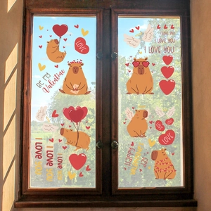 Valentijnsdag raamstickers met schattige capibara's, rode harten en engelenvleugels
