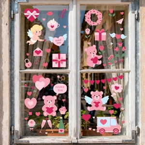 Valentine's window stickers with pink hearts and cupid on vintage white window pane