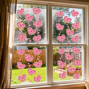 Pink rose heart floral window clings for romantic home and living room glass decor