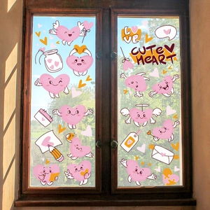 Roze hart raamstickers met engelenvleugels op een vintage houten raamkozijn decor