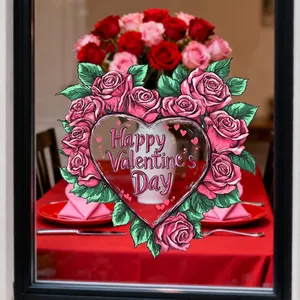 Ρομαντικό αυτοκόλλητο παραθύρου Happy Valentine's Day με στεφάνι από τριαντάφυλλα