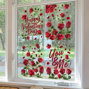Romantische rode rozen vensterstickers met Happy Valentine's Day tekst op glas