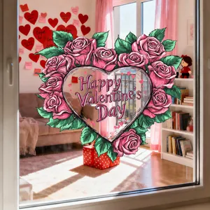 Florale hart raamsticker met Happy Valentine's Day tekst op een raam in de woonkamer