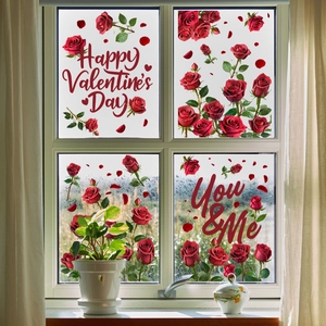 Romantische Valentijnsdag raamstickers met rode rozen en Happy Valentine's Day tekst