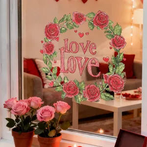 Statische raamsticker met rozenkrans en hartjes voor Valentijnsdag glasdecoratie