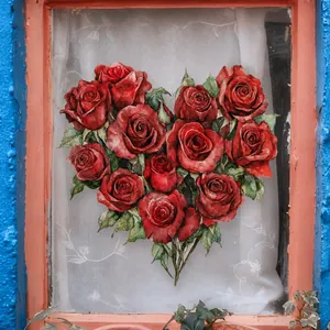 Detail van rode rozen hartvormige raamsticker op roze kozijn en blauwe muur