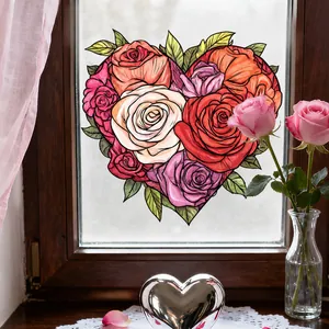 Bloemenhart raamsticker met rozen en groene bladeren voor glasoppervlak decoratie