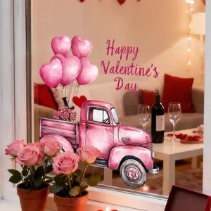 Creatieve Valentijnsdag raamsticker met roze retro vrachtwagen, rozen en hartvormige ballonnen