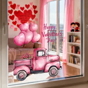 Detail van Valentijnsdag raamsticker met roze aquarel vrachtwagen en rozen en hartjes