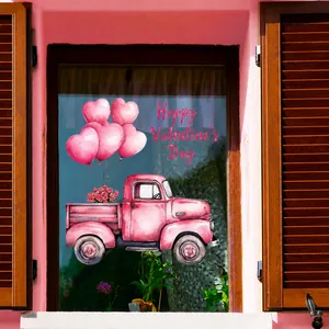 Valentijnsdag raamsticker met roze vintage truck, hartjesballonnen en rozen decor