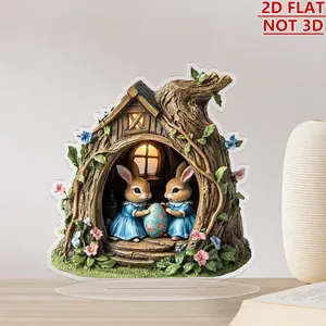 Detailed view of 2D flat acrylic Easter bunny treehouse ornament with transparent base