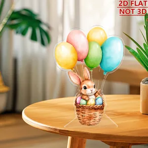 Detailed view of 2D flat acrylic Easter bunny in basket with balloons and stand