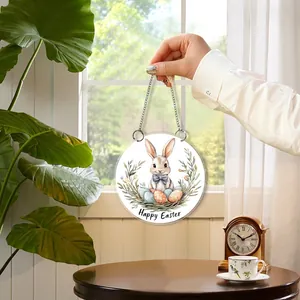 Plaque de porte en acrylique transparent avec lapin de Pâques et chaîne en métal argenté
