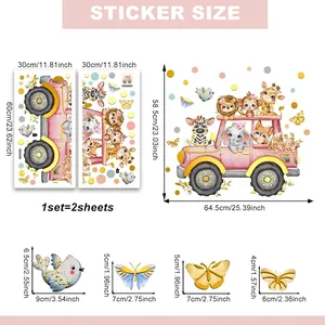 Größentabelle für rosa Wandaufkleber mit Tieren und Autos für das Kinderzimmer