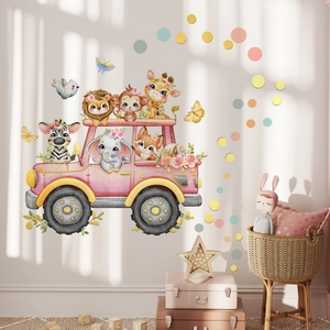 Rosa Tier-Auto Wandtattoo für Kinderzimmer mit Giraffe und Elefant Wanddekoration