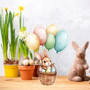 Detailed view of 2D acrylic Easter bunny ornament with floral pattern and transparent base