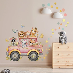 Rosa Cartoon Tier-Auto Wandtattoo mit Giraffe und Elefant für Kinderzimmer Deko