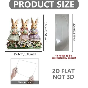Flat 2D acrylic Easter bunny ornaments with vintage dress details and size dimensions