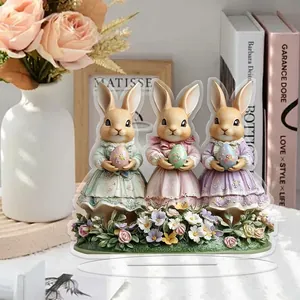2D flat Easter bunny trio acrylic desk ornament with floral design and eggs