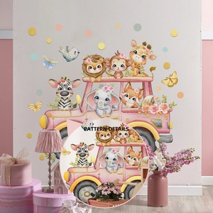 Rosa Wandtattoo mit Tieren im Auto für Kinderzimmer und Babyzimmer Dekoration
