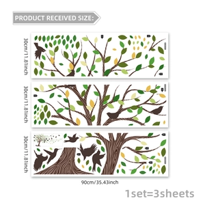 Three-piece tree and birds DIY wall sticker set with green leaves for home decor