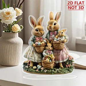 Detailed 2D acrylic Easter bunny family ornament on table with floral baskets