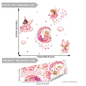 Stickers muraux fée rose avec couronne de fleurs et détails des dimensions de pose