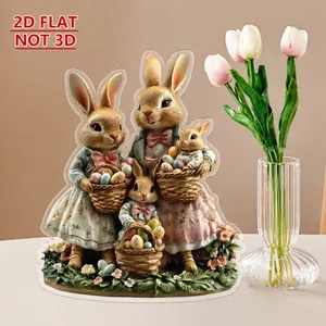 Detailed view of 2D acrylic Easter bunny ornaments with realistic festive floral decor