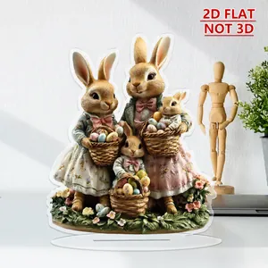 Detailed close-up of 2D flat acrylic Easter bunny family figurine with egg basket