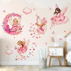 Stickers Muraux Fée Des Fleurs Roses PVC Papillon Floraux Décalcomanies Pour Enfants Filles Chambre Décor Dessin Animé Mural