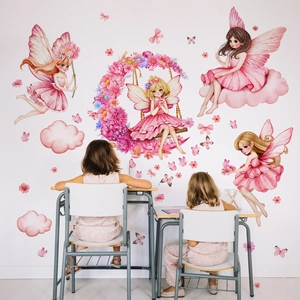 Stickers muraux fée rose avec balançoire florale et papillons pour chambre fille