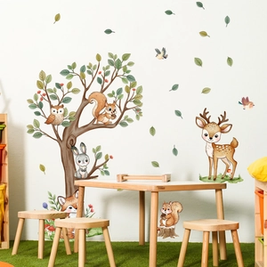 Detailed watercolor forest animal wall stickers with trees and wildlife in a kid room