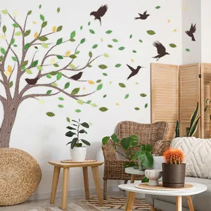 Creative wall sticker set featuring tree trunk, birds, and leaves for home decoration
