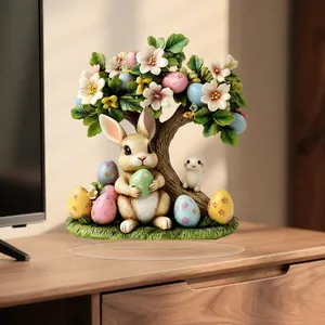Detailed 2D flat acrylic Easter bunny ornament with floral pattern on a wooden surface