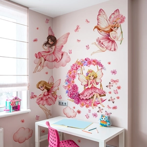 Stickers muraux fées roses et fleurs pour décoration de chambre d'enfant et salon intérieur