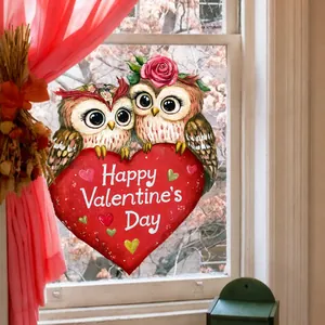Valentinstag Fensterbilder mit Eulen auf Herz Hintergrund für Glastüren Deko