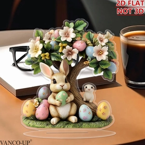 Flat 2D acrylic Easter decoration featuring a bunny with colorful eggs and flower tree