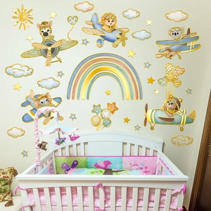 Cartoon animals flying airplanes and rainbow wall decals for nursery home decoration
