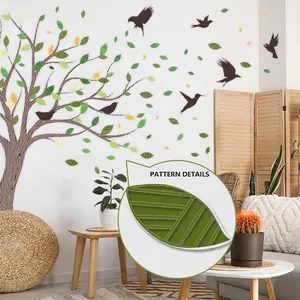 Self-adhesive wall sticker featuring a large tree with green leaves and flying birds