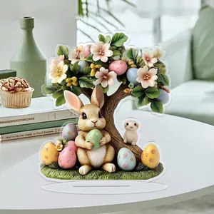 Easter bunny acrylic standing ornament with colorful eggs and white flowers decor