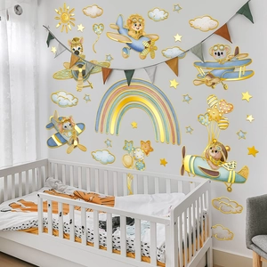 Cartoon animals flying planes with rainbow and sun self-adhesive nursery wall decals