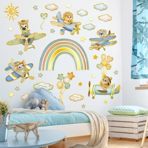Detail of cartoon animals flying planes wall stickers with rainbow and clouds for kids room