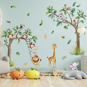 Jungle animals and tree wall stickers for kids nursery featuring lion elephant and giraffe