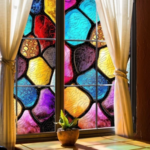 Detail of colorful irregular pebble glass film with fluid marble texture on home window