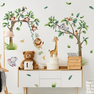 Watercolor forest animal wall decals featuring giraffe and lion for nursery decor