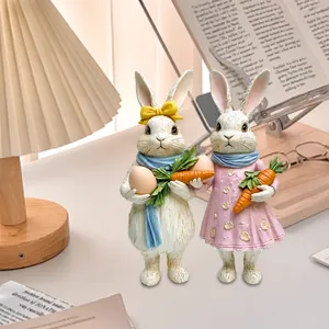 Detailed close-up of 2D acrylic Easter bunny ornaments with egg and carrot on desk